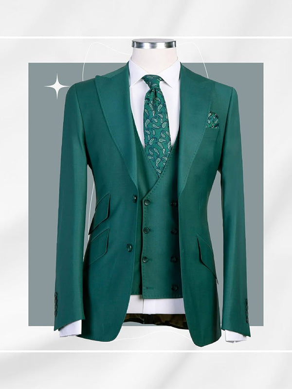 Green 3-piece single-breasted Peak Lapel suit