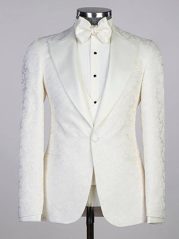 Beige Jacquard 3-piece 1-button Peak Lapel suit