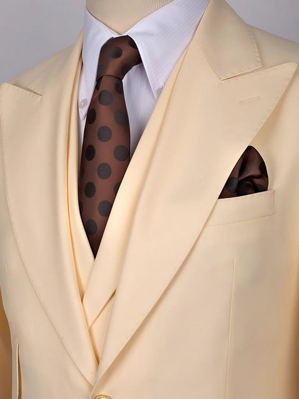 Light yellow 3-piece single-breasted Peak Lapel suit