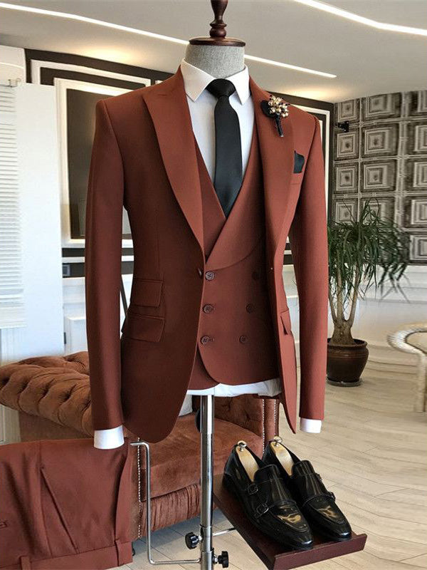 Brown 3-piece 1-button Peak Lapel suit