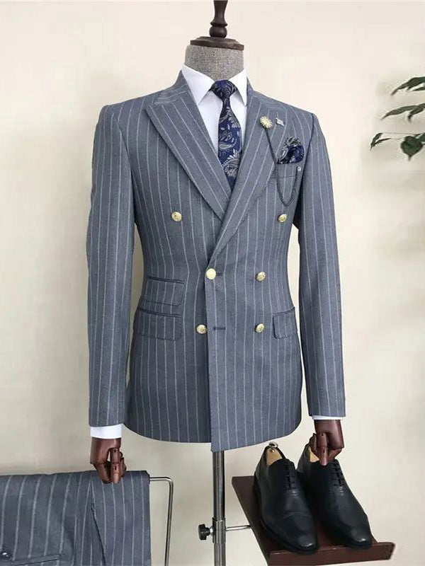 Dark Gray Stripe 2 Piece Double Breasted Peak Lapel suit