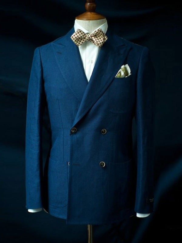 Blue 2 Piece Double Breasted Peak Lapel Men's Suit