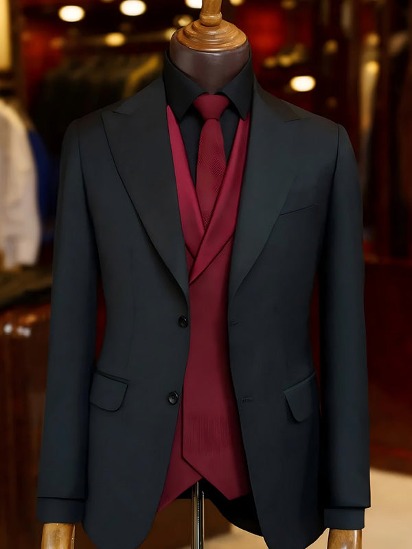 Solid Black 2-Piece Peak Lapel 2 Button Suit
