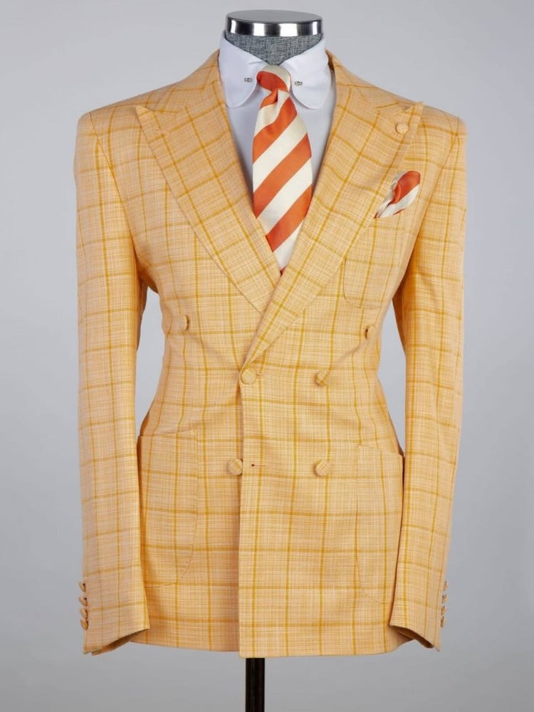 Yellow plaid 2-piece double-breasted Peak Lapel suit