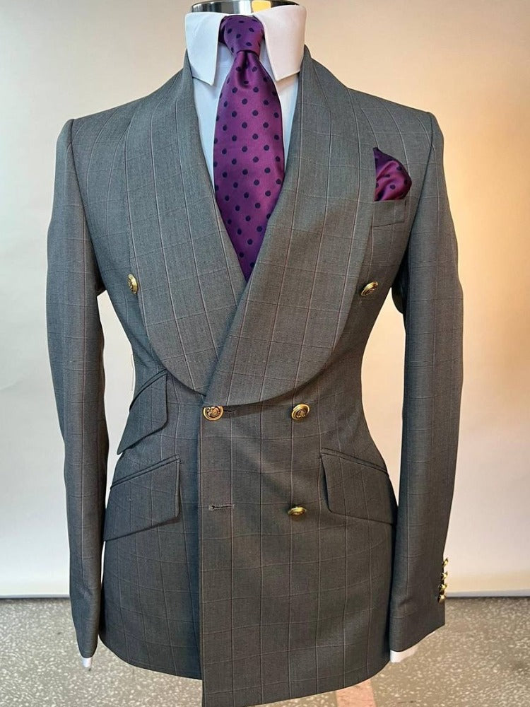 Dark grey  plaid 2-piece Double-breasted Shawl Lapel suit
