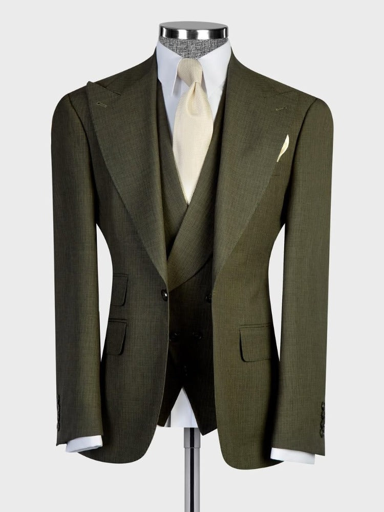 Army green 3-piece 1-button Peak Lapel suit