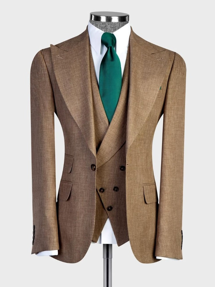Brown 3-piece 1-button Peak Lapel suit