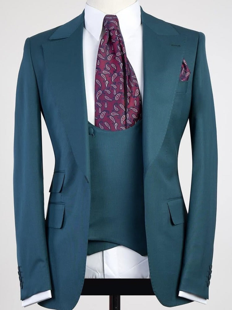 Dark green 3-piece 1-button Peak Lapel suit