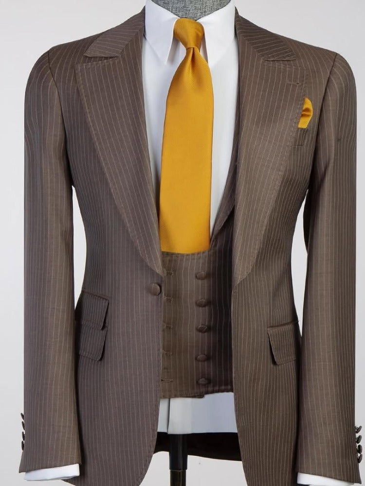 Brown striped 3-piece 1-button Peak Lapel suit
