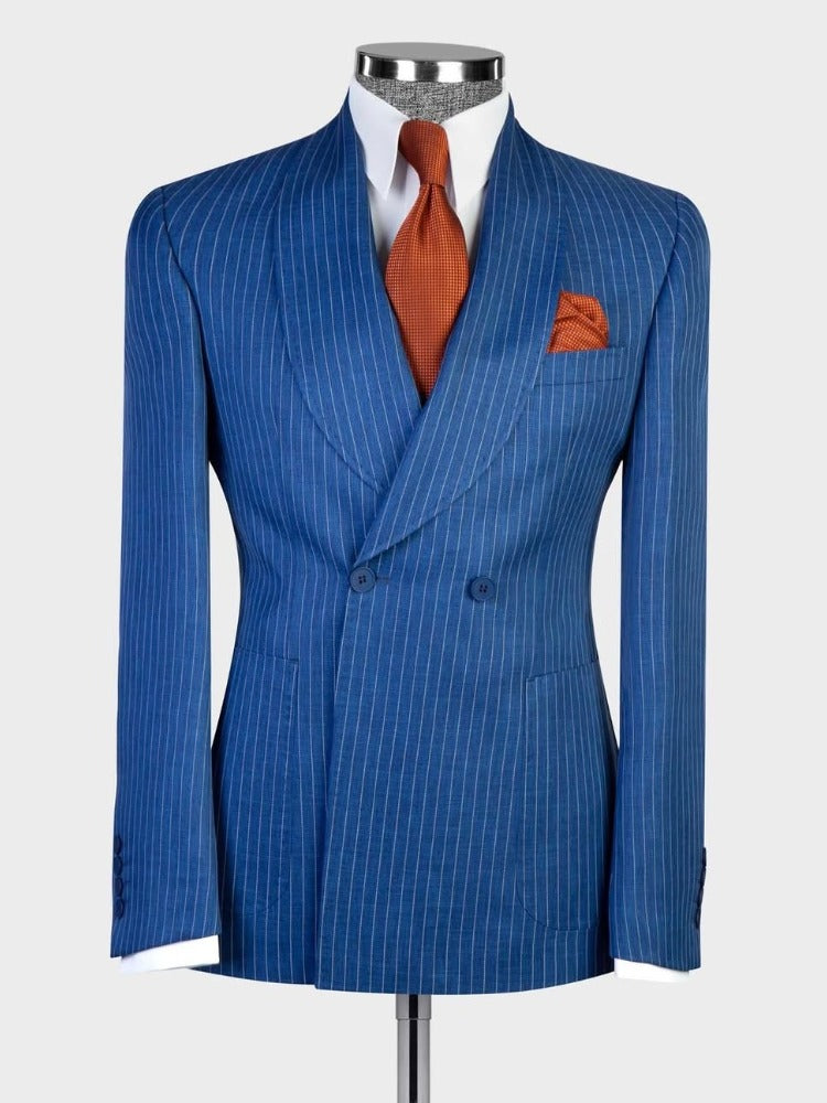 Navy blue striped 2-piece 2-button Shawl Lapel suit