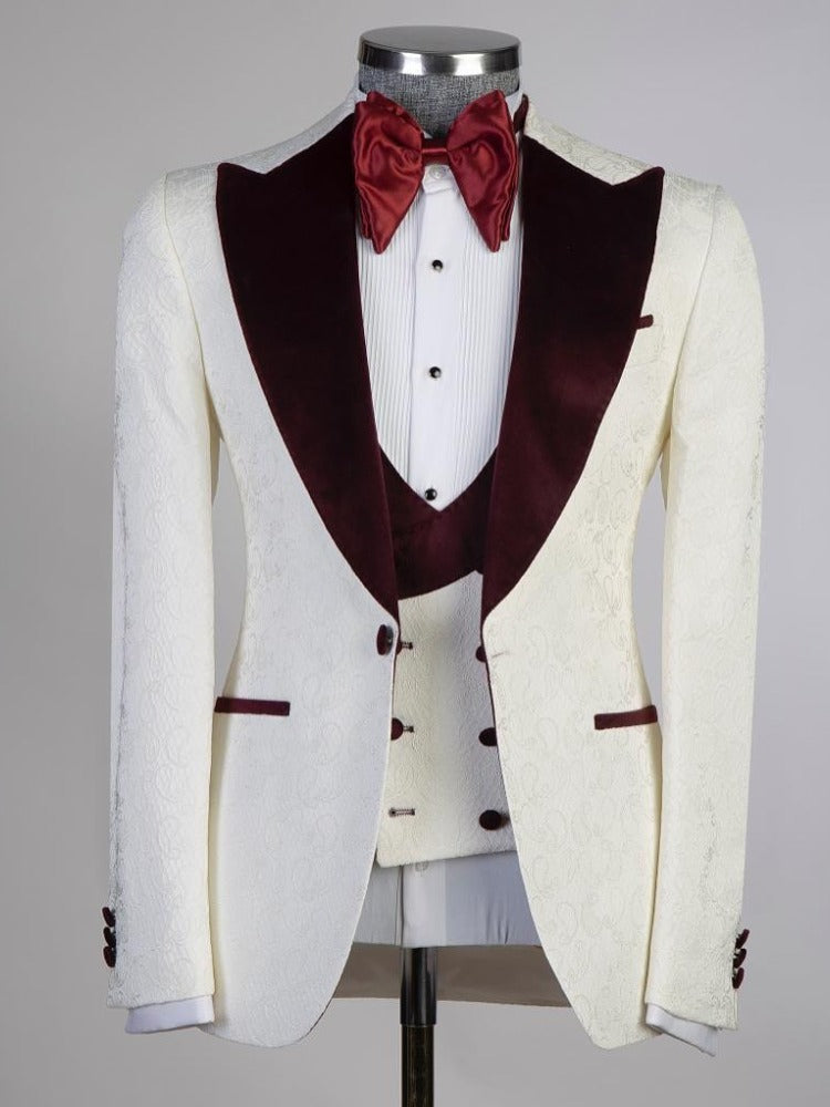 White 3-piece 1-button Peak Lapel suit