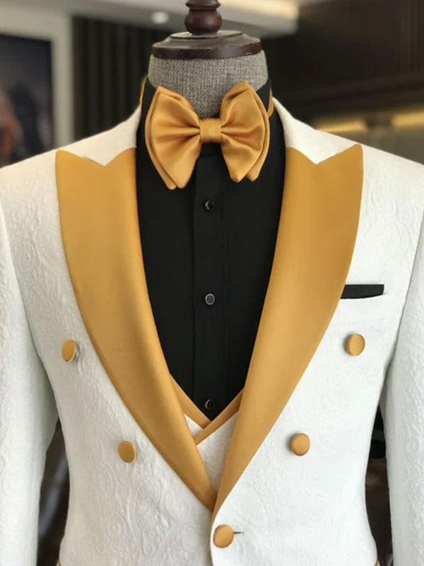 White Jacquard 3-piece 1-button yellow Peak Lapel suit