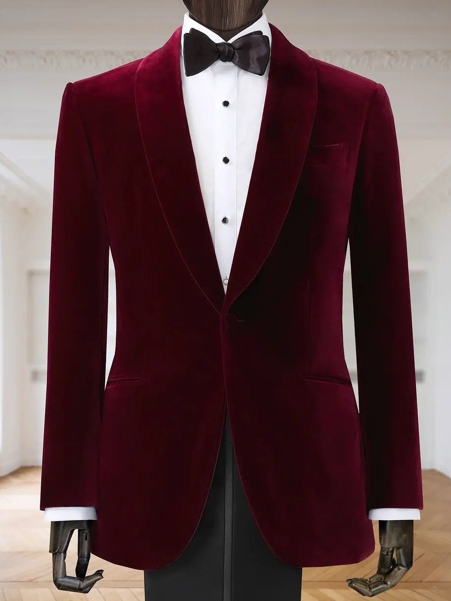 Burgundy Shawl Lapel Tuxedo Suit for Men – Classic One-Button Wedding & Prom Suit