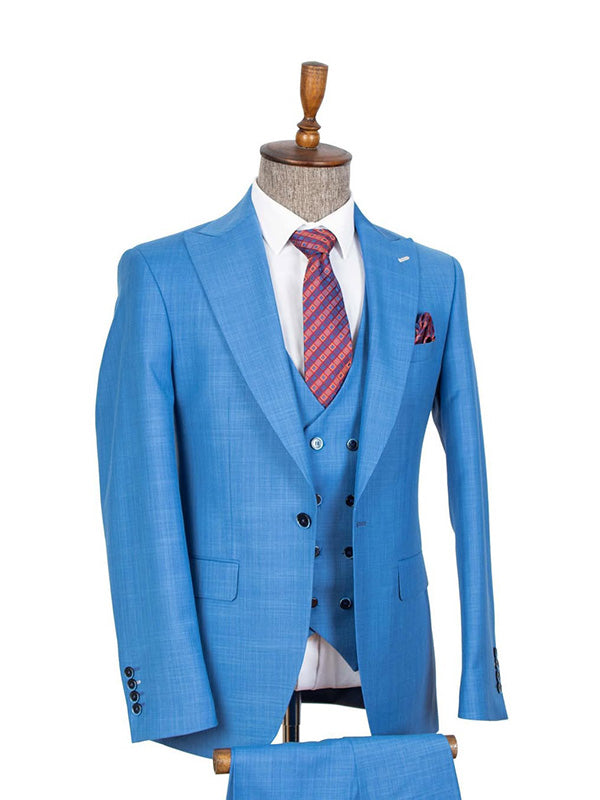 Jewel Blue 3-piece 1-button Peak Lapel suit