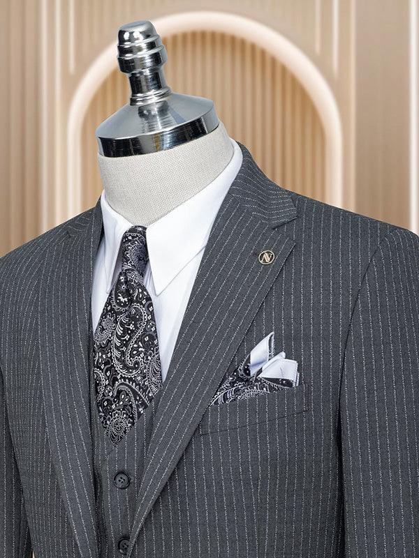 Black striped 3-piece single-breasted Notch Lapel suit