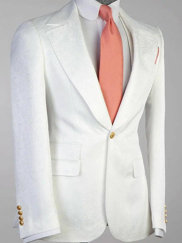 White Jacquard 3-piece 1-button Peak Lapel suit
