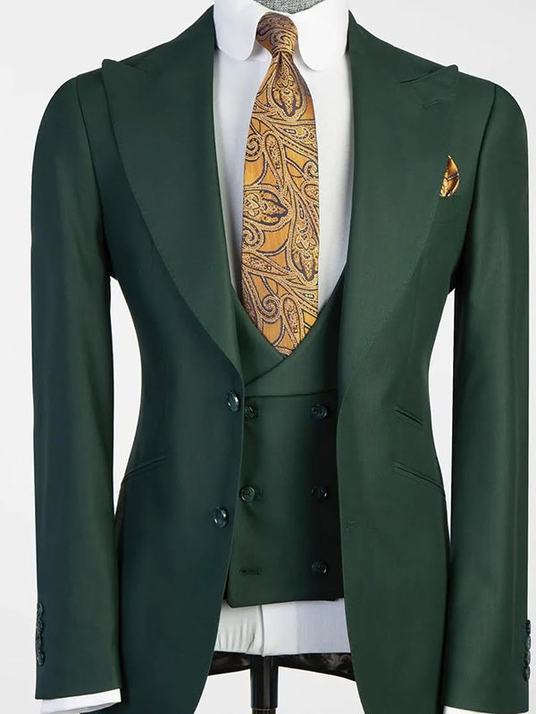 Green 3-piece single-breasted Peak Lapel suit