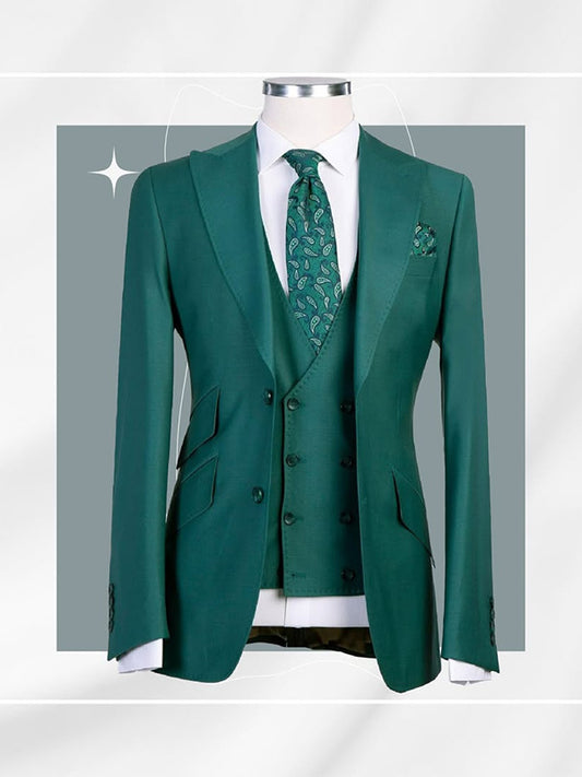 Green 3-piece single-breasted Peak Lapel suit