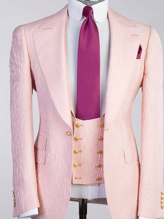 Pink Jacquard 3-piece 1-button Peak Lapel suit