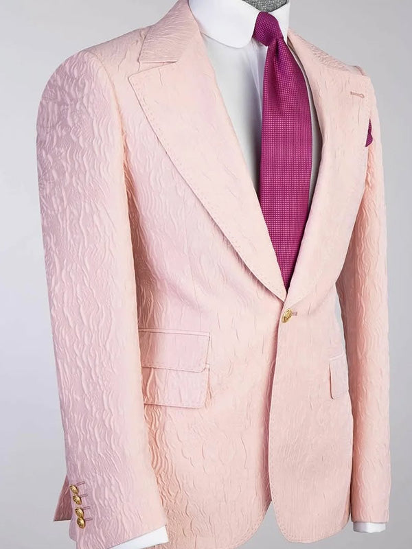 Pink Jacquard 3-piece 1-button Peak Lapel suit