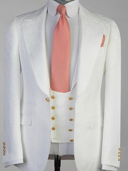 White Jacquard 3-piece 1-button Peak Lapel suit