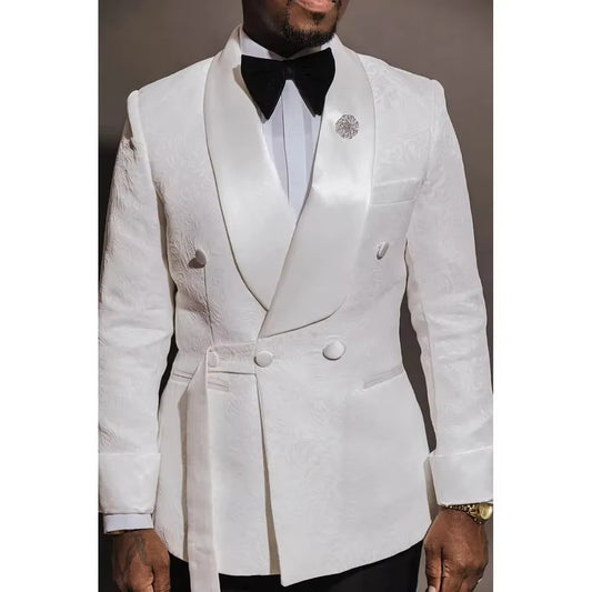 Pure white jacquard 2-piece Shawl Lapel Wedding suit