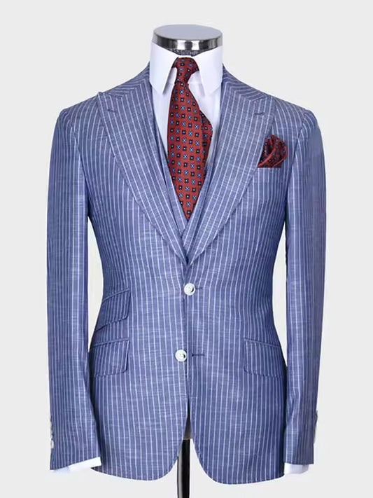 Blue striped 3-piece Peak Lapel single-breasted suit