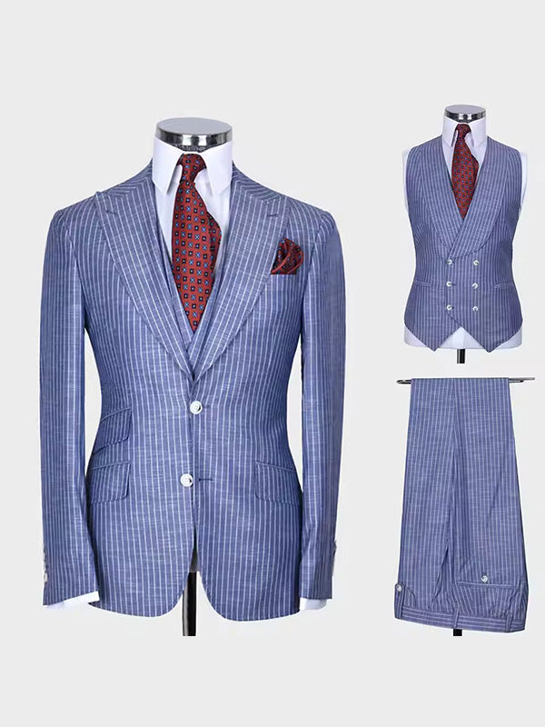 Blue striped 3-piece Peak Lapel single-breasted suit