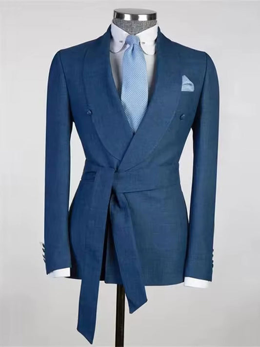 Blue 2-piece Shawl Lapel lace-up suit