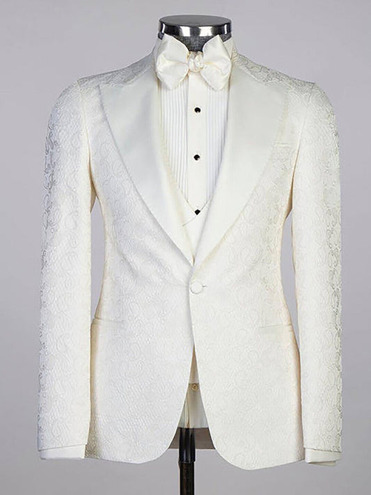 Beige Jacquard 3-piece 1-button Peak Lapel suit