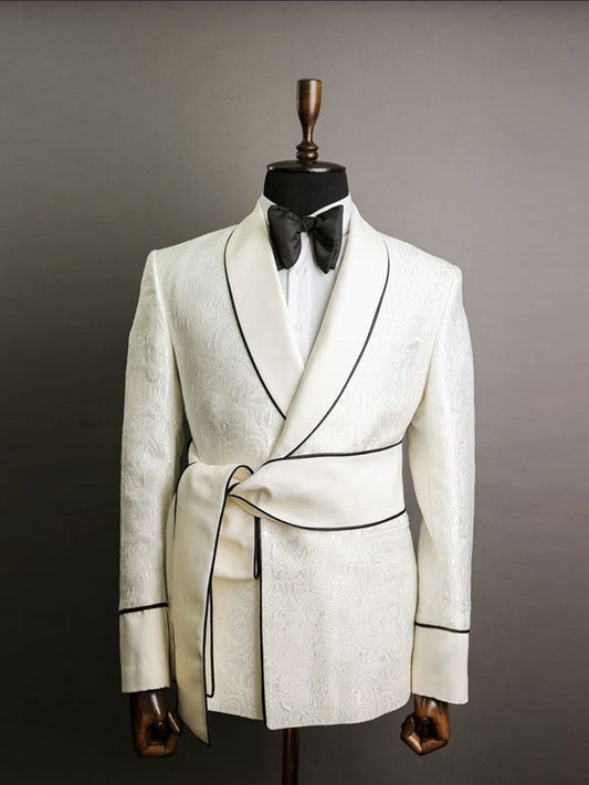 White Jacquard Belt Shawl Lapel suit