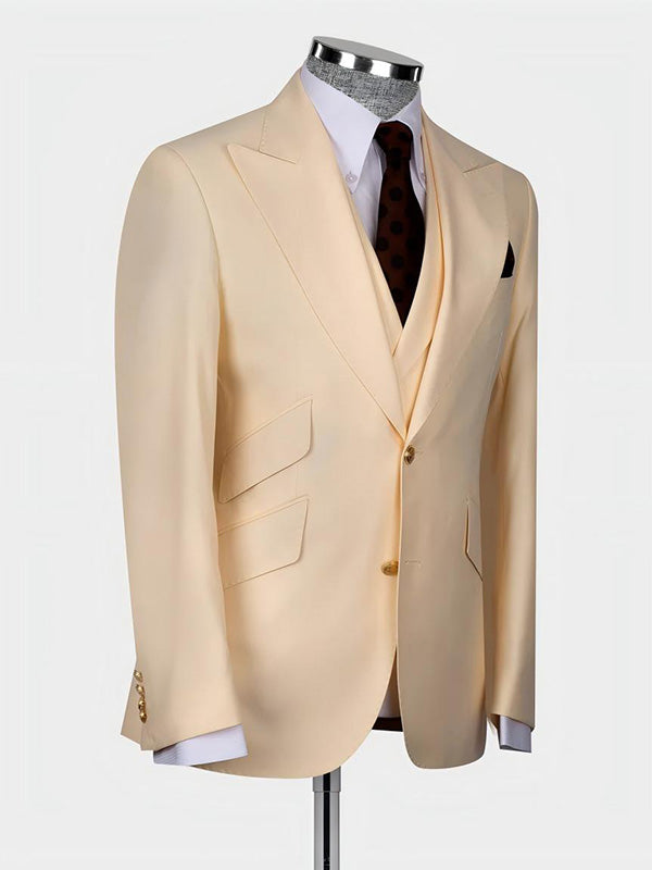 Light yellow 3-piece single-breasted Peak Lapel suit