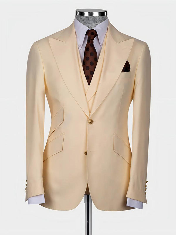 Light yellow 3-piece single-breasted Peak Lapel suit