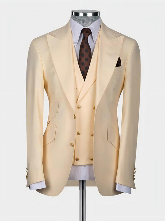 Light yellow 3-piece single-breasted Peak Lapel suit