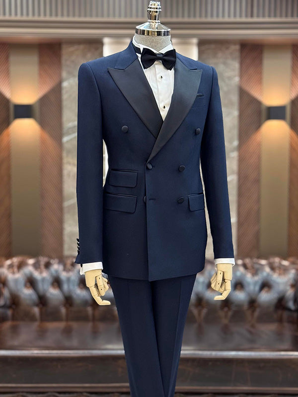 Navy blue 2-piece double-breasted Peak Lapel suit