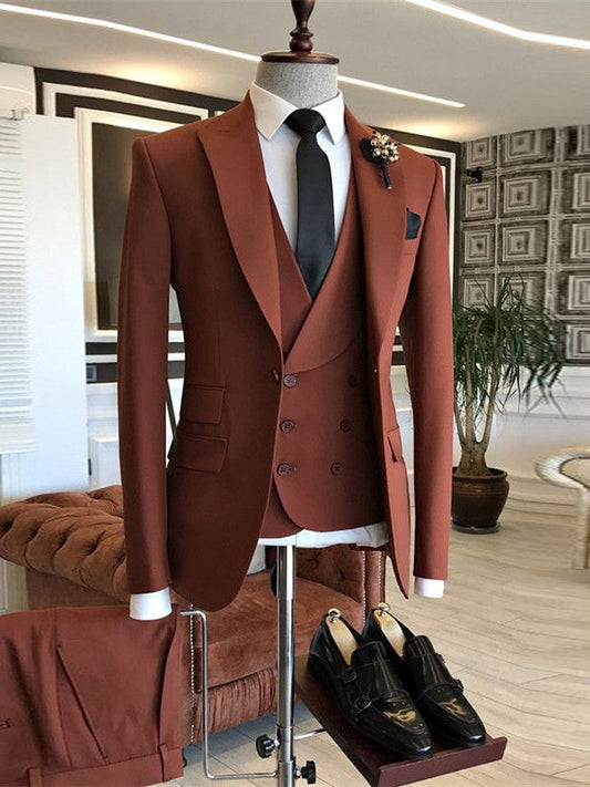 Brown 3-piece 1-button Peak Lapel suit