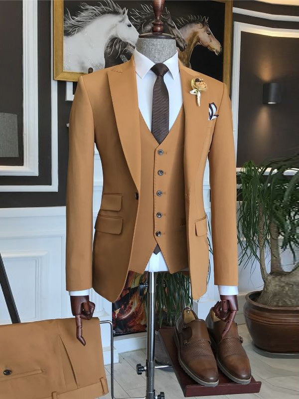 Brown 3-piece 1-button Peak Lapel suit