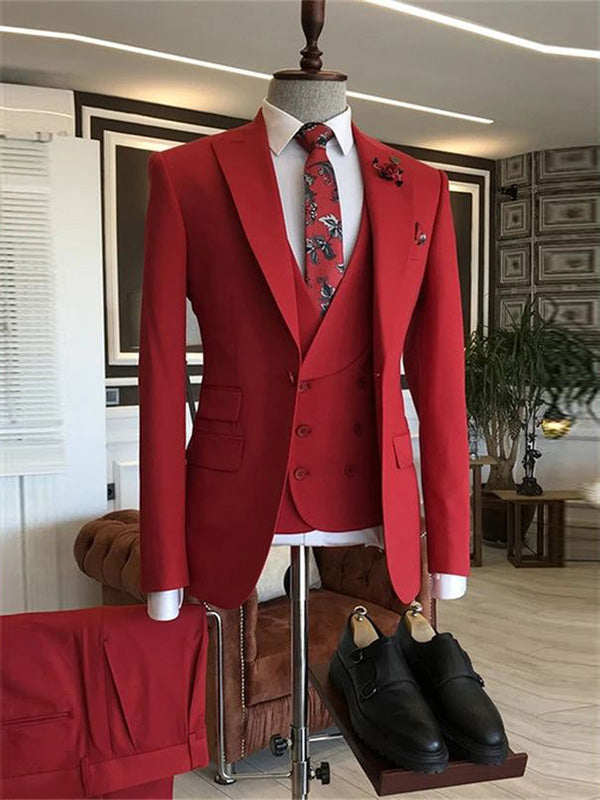 Red 3-piece 1-button Peak Lapel suit