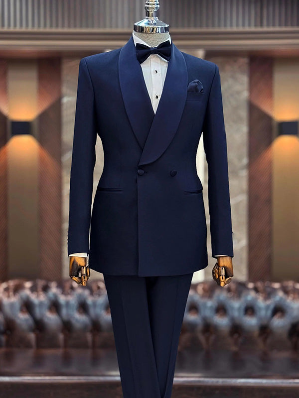 Navy blue 2-piece double-breasted Shawl Lapel suit