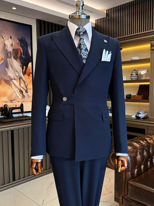 Blue 2-piece 1-button Peak Lapel suit