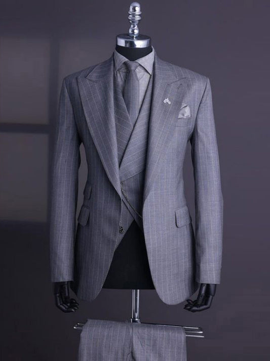 Gray Stripe 3-piece 1-button Peak Lapel suit