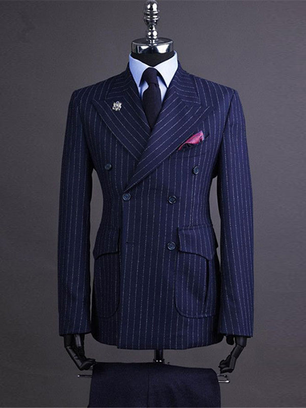 Navy blue striped 2-piece double breasted Peak Lapel suit