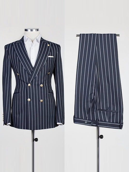 Black striped 2-piece double-breasted Peak Lapel suit