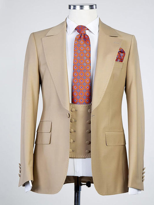 Light brown 3-piece 1-button Peak Lapel suit