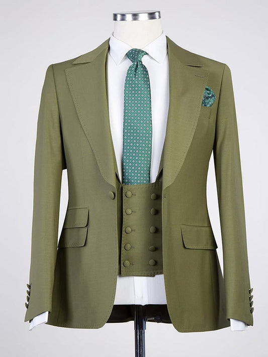 Green 3-piece 1-button Peak Lapel suit