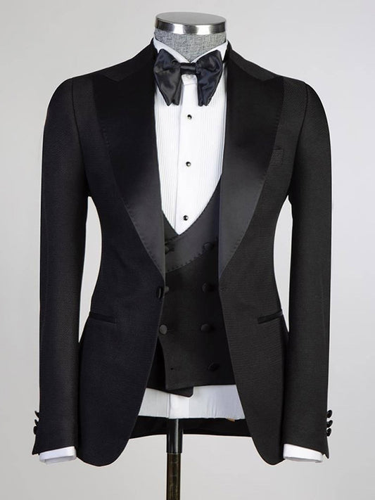 Black 3-piece 1-button Peak Lapel suit