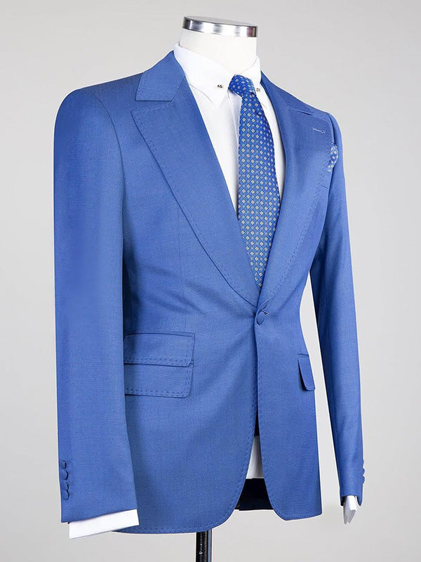 Blue 3-piece 1-button Peak Lapel suit