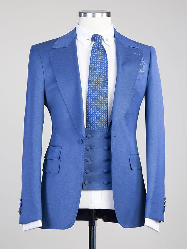 Blue 3-piece 1-button Peak Lapel suit