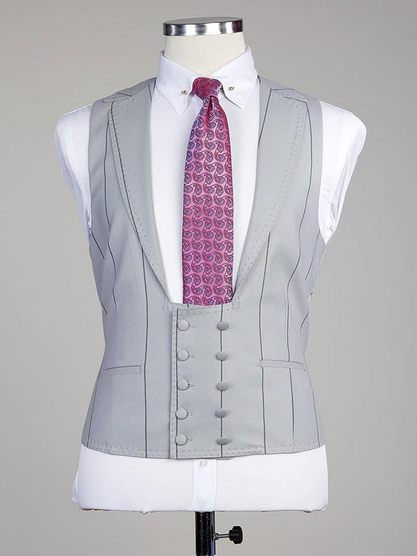 Gray Striped 3-piece 1-button Peak Lapel suit