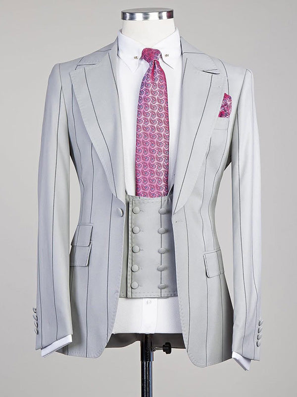 Gray Striped 3-piece 1-button Peak Lapel suit
